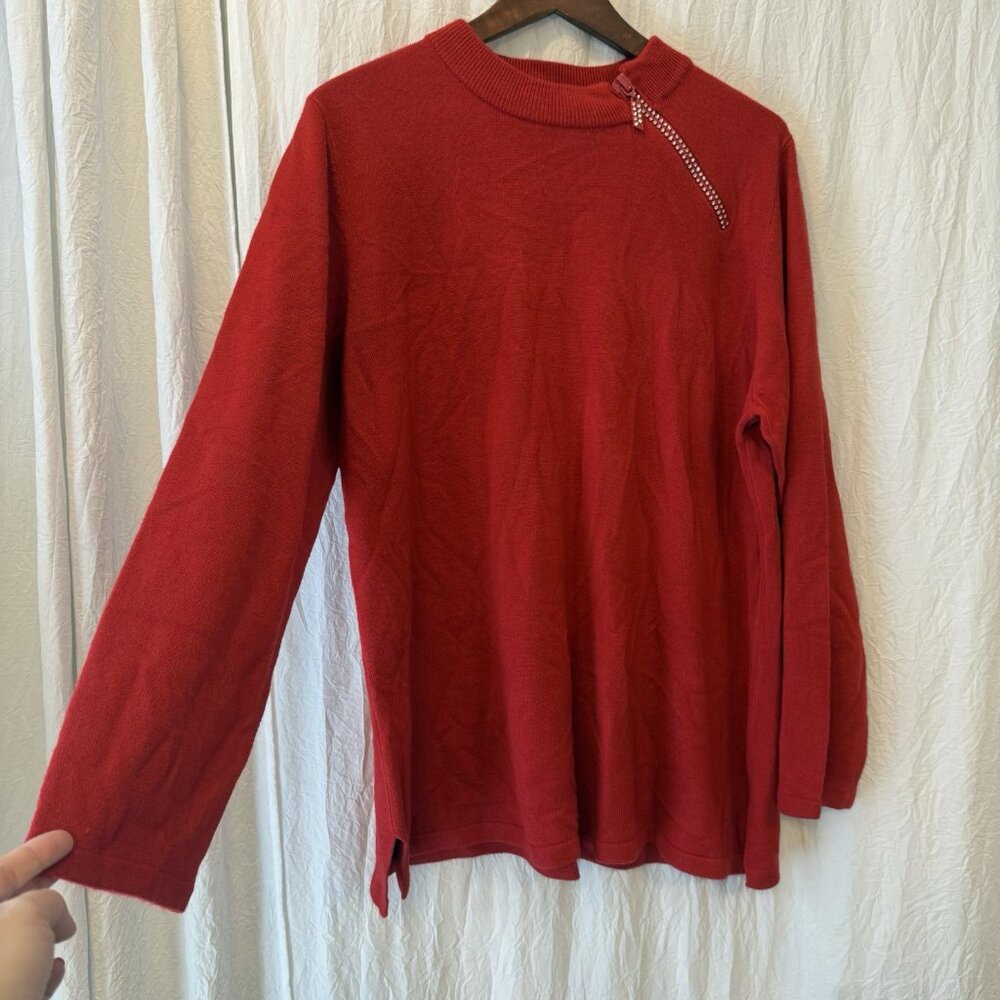 Quacker Factory 1/4 Side Zip Rhinestone Pullover Sweater Womens 1X Red Cozy Soft - Picture 10 of 12